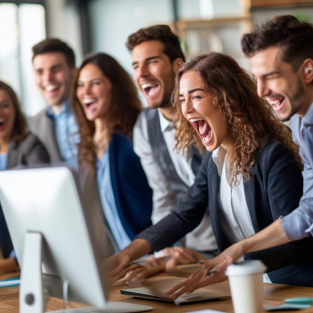 business people around a computer excited
