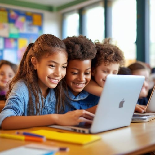 classroom of happy kids embracing technology